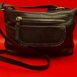 American Leather Works Black Crossbody Bag Braided Trim Zip Pocket